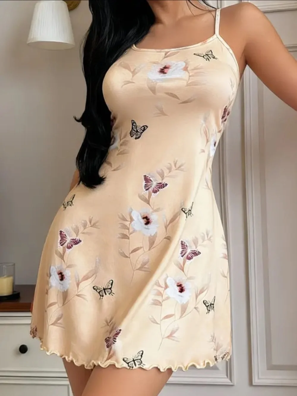 Cream Yellow, Floral & Butterfly, Night Slip